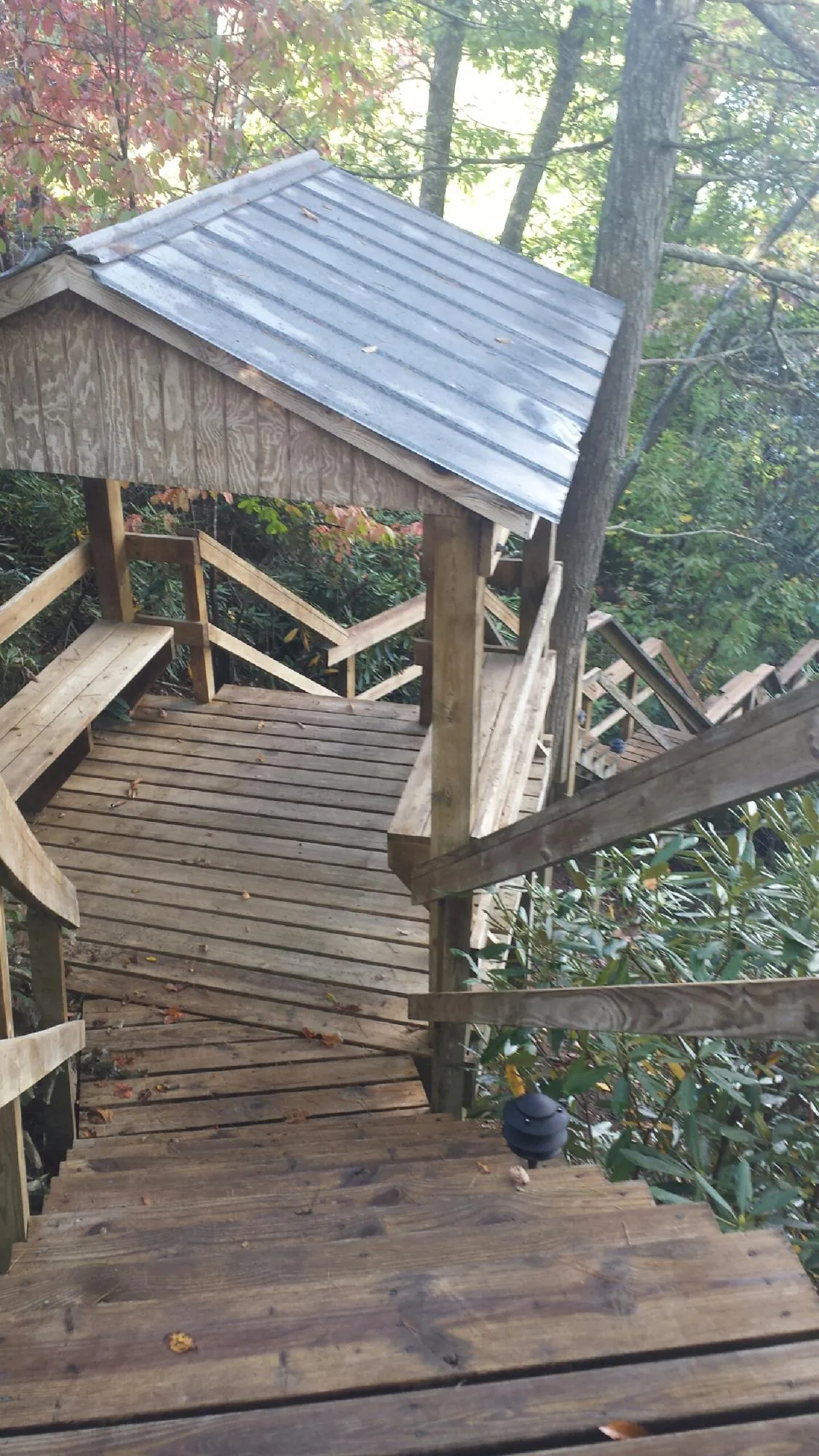 Metal roofed shelter over wooden steps on a wooded walkway — Skylight Repair & Installation work by our crew in Flag Pond